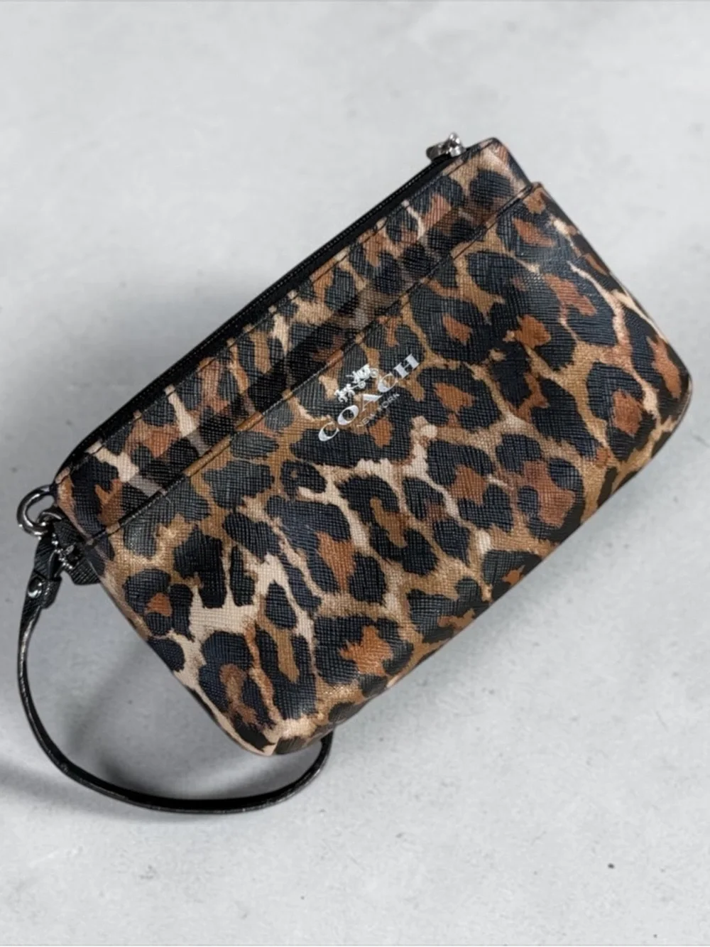 Coach Ocelot Leopard Print Wristlet with Front Pocket - Silver Tone